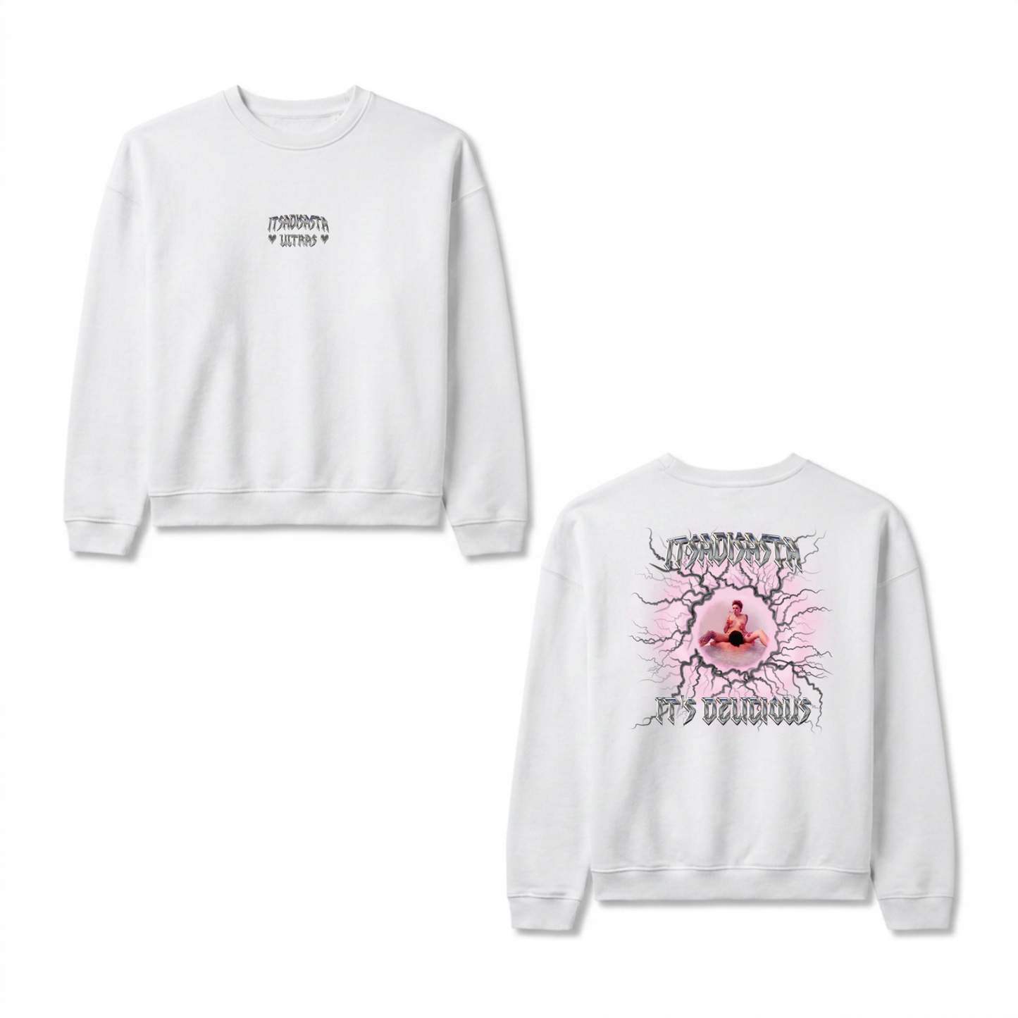 ITSADISASTA ITSDELICIOUS WHITE CREWNECK